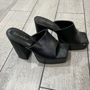 Liliana Black Leather Platform Mule Heels